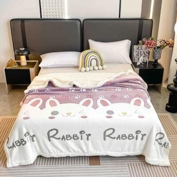 Pătură Cocolino cu blăniță 200x230 cm – moale, călduroasă și premium - Alb, model iepuras, PBC-055