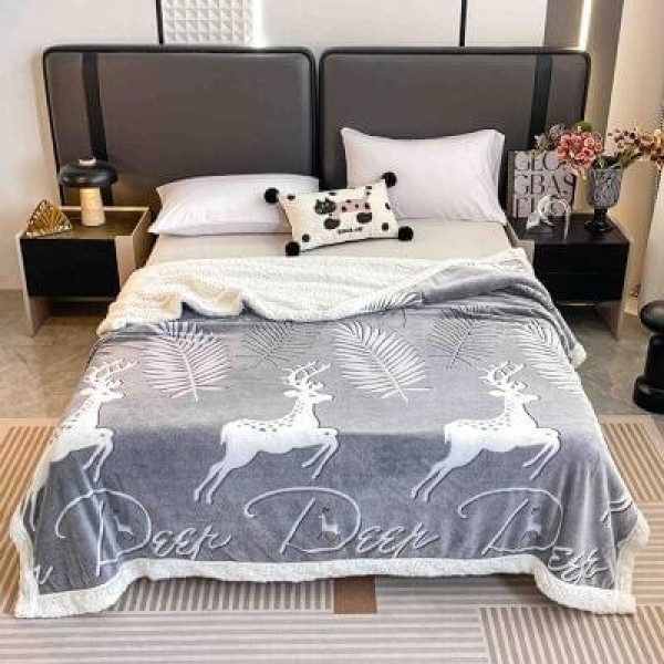 Pătură Cocolino cu blăniță 200x230 cm – moale, călduroasă și premium - Gri, model cerbi, PBC-053