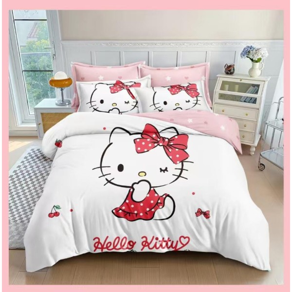 Lenjerie 6 piese pat dublu din finet – model Hello Kitty, cearșaf normal, LCC-043