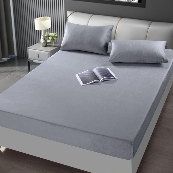 Husă Pat Catifea 180x200 cm + 2 Fețe de Pernă – Elegantă și Confortabilă, Gri deschis, HCP-015