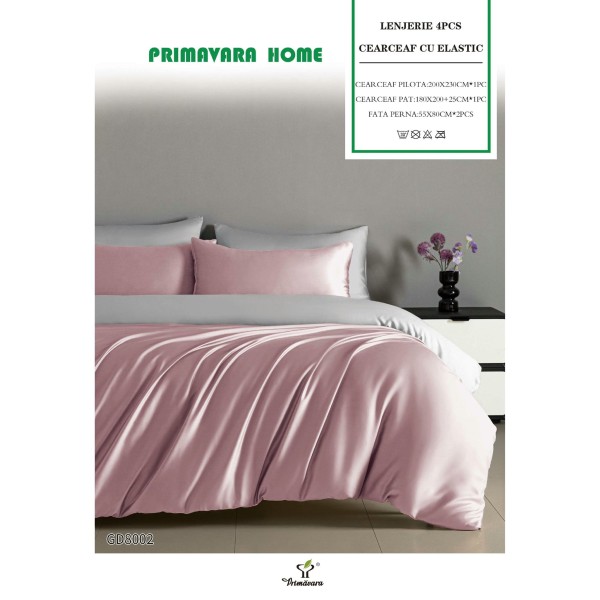 Set Lenjerie Pat Dublu Bumbac Satinat 4 Piese cu Elastic – Roz, LFS-123