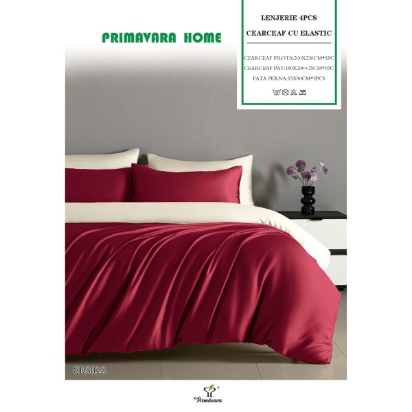 Set Lenjerie Pat Dublu Bumbac Satinat 4 Piese cu Elastic – Bordo, LFS-119