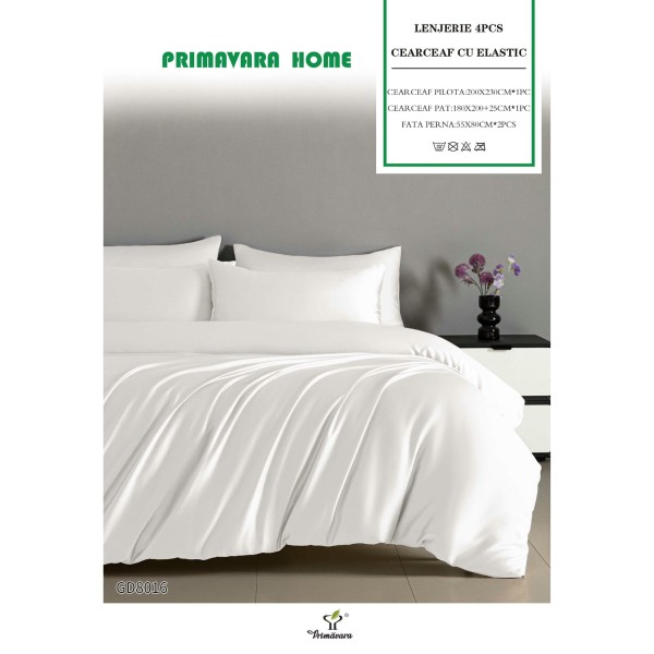 Set Lenjerie Pat Dublu Bumbac Satinat 4 Piese cu Elastic – Alb, LFS-125
