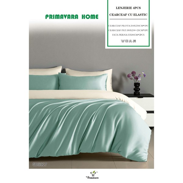 Set Lenjerie Pat Dublu Bumbac Satinat 4 Piese cu Elastic – Vernil, LFS-126