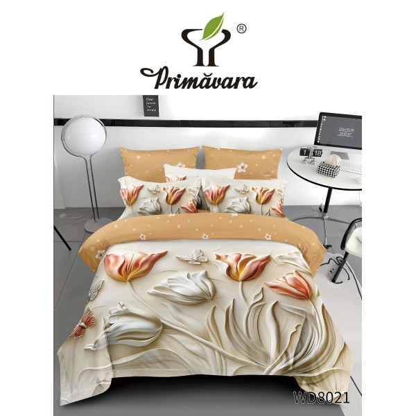 Lenjerie Pat 4 Piese 5D cu Cearșaf Elastic – Model Floral Elegant Crem și Bej, LFL-046