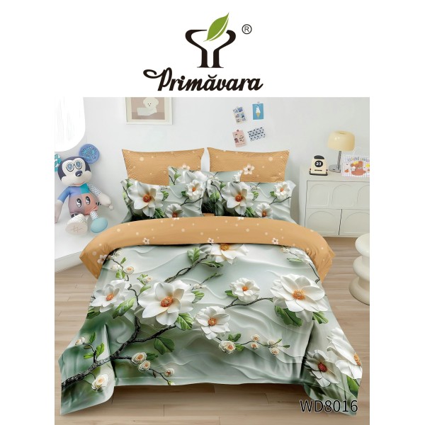 Lenjerie Pat 4 Piese 5D cu Cearșaf Elastic – Model Floral Elegant Verde și Bej, LFL-050