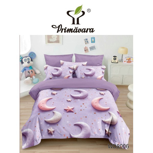 Lenjerie Pat 4 Piese 5D cu Cearșaf Elastic – Model Lună și Stele Lila, LFL-052