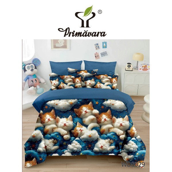 Lenjerie Pat 4 Piese 5D cu Cearșaf Elastic – Model Pisicuțe Adormite în Nori, LFL-054