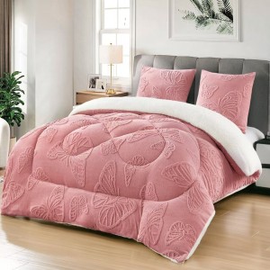 Pilota cu Blană 200x230 cm + 2 Fețe de Pernă – Model Fluturi, Călduroasă și Elegantă, Roz, PDC-143