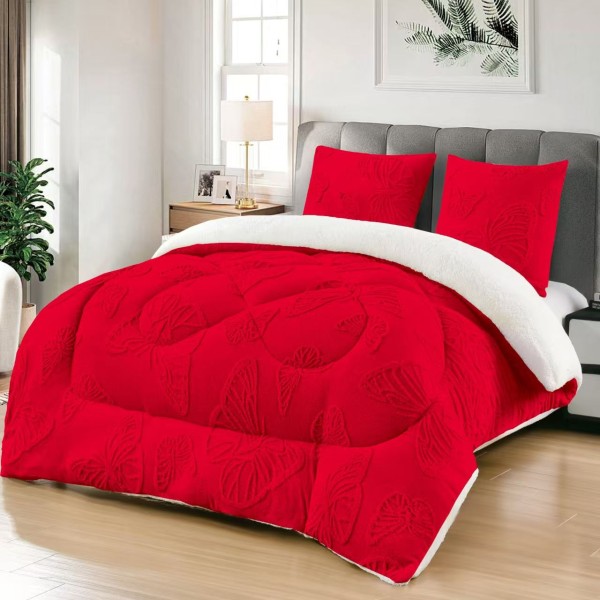 Pilota cu Blană 200x230 cm + 2 Fețe de Pernă – Model Fluturi, Călduroasă și Elegantă, Rosu, PDC-096