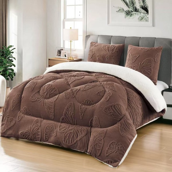 Pilota cu Blană 200x230 cm + 2 Fețe de Pernă – Model Fluturi, Călduroasă și Elegantă, Maro, PDC-046