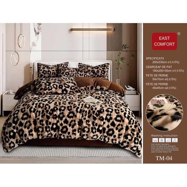 Set Lenjerie Cocolino 6 Piese Pat Dublu Bej cu Blăniță Artificială de Nurcă – Model Animal print, LCD-005