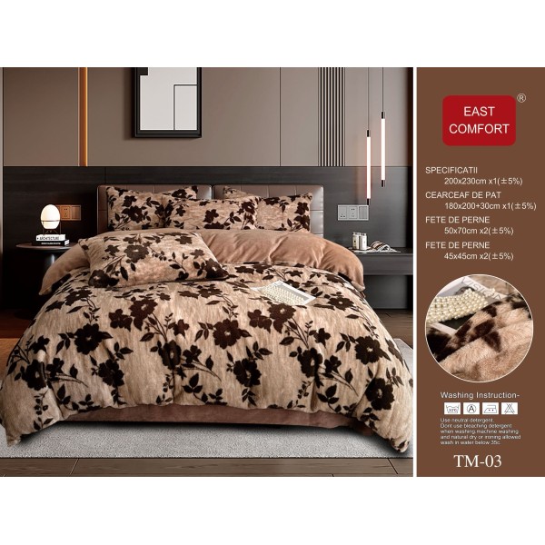 Set Lenjerie Cocolino 6 Piese Pat Dublu Bej cu Blăniță Artificială de Nurcă – Model Flori, LCD-006