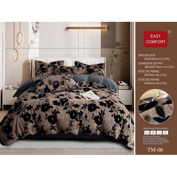 Set Lenjerie Cocolino 6 Piese Pat Dublu Maro cu Blăniță Artificială de Nurcă – Model Flori, LCD-009