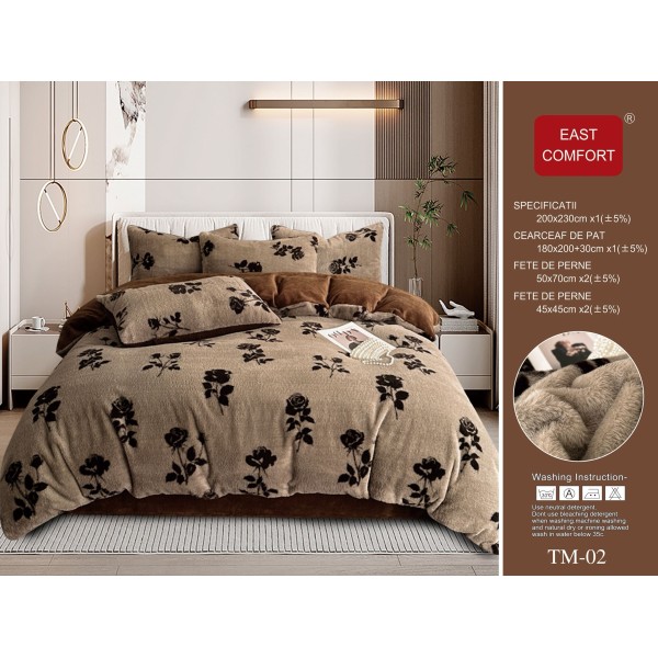 Set Lenjerie Cocolino 6 Piese Pat Dublu Bej cu Blăniță Artificială de Nurcă – Model Flori, LCD-011