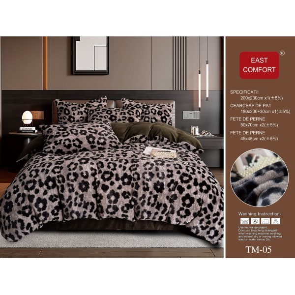 Set Lenjerie Cocolino 6 Piese Pat Dublu Bej cu Blăniță Artificială de Nurcă – Model Animal print, LCD-012