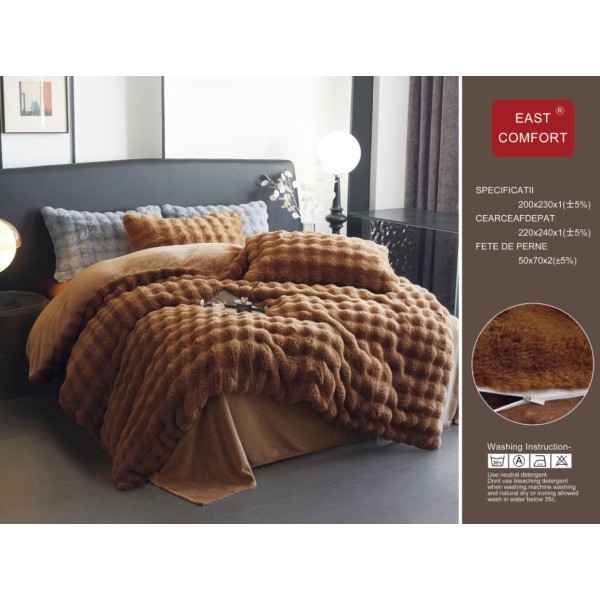 Set Lenjerie Cocolino 4 piese cu blăniță de iepure artificială – Pat dublu, maro, LCE-062