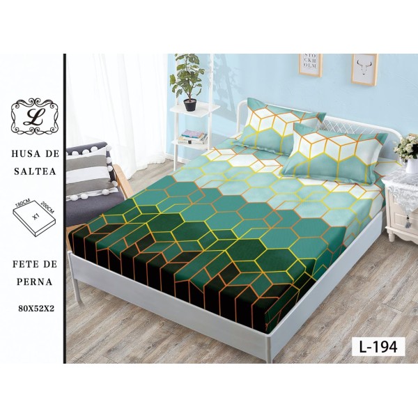 Cearșaf cu Elastic și 2 Fețe de Pernă – Model Geometric Hexagoane, Verde-Galben, 180x200 cm, OHT-068