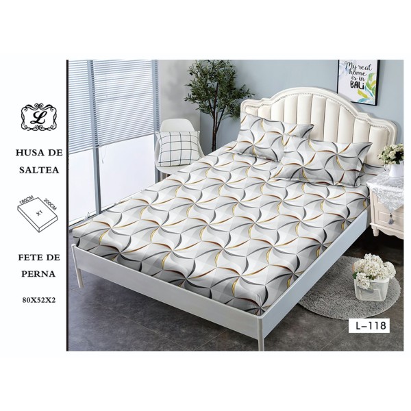 Cearșaf cu Elastic și 2 Fețe de Pernă – Model Geometric Abstract, Alb-Gri cu Accente Aurii, 180x200 cm, OHT-040