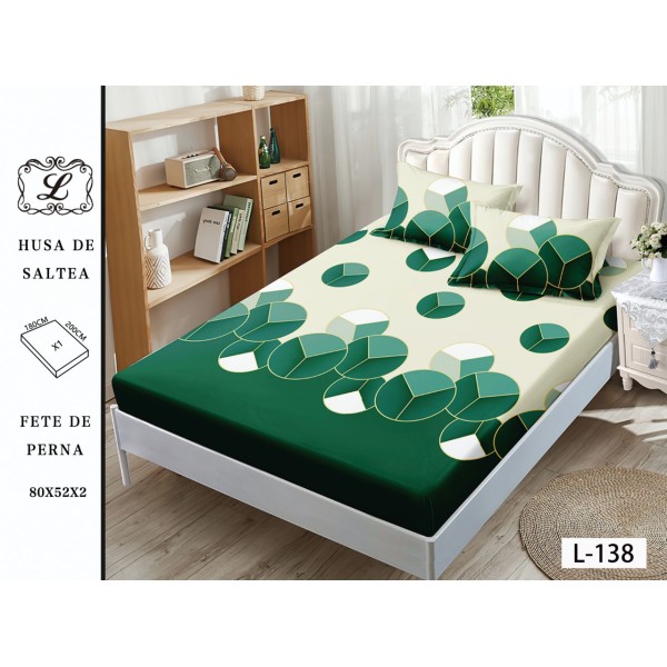 Cearșaf cu Elastic și 2 Fețe de Pernă – Model Geometric Verde-Bej, 180x200 cm, OHT-067 Cearșaf cu Elastic și 2 Fețe de Pernă – Model Geometric Verde-Bej, 180x200 cm, OHT-067