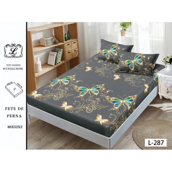 Cearșaf cu Elastic și 2 Fețe de Pernă – Model Fluturi Auriu-Verde pe Fundal Gri, 180x200 cm, OHT-076