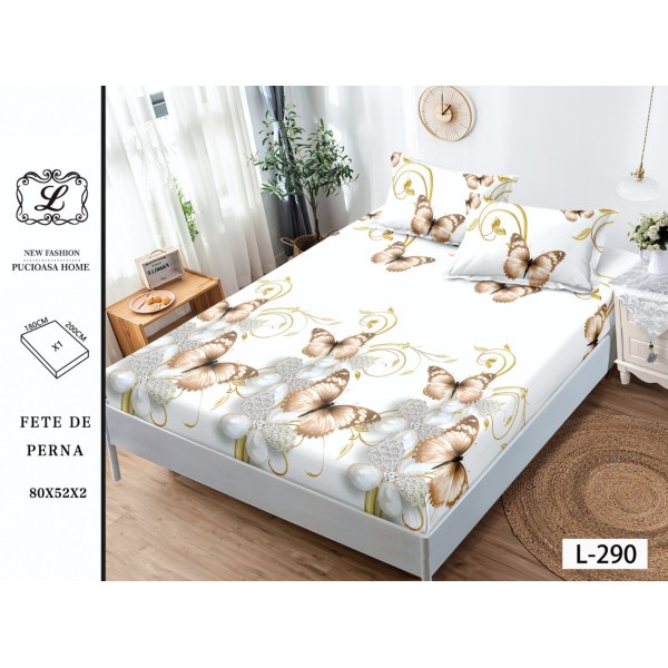 Cearșaf cu Elastic și 2 Fețe de Pernă – Model Fluturi Aurii și Bej pe Fundal Alb, 180x200 cm, OHT-077 Cearșaf cu Elastic și 2 Fețe de Pernă – Model Fluturi Aurii și Bej pe Fundal Alb, 180x200 cm, OHT-077