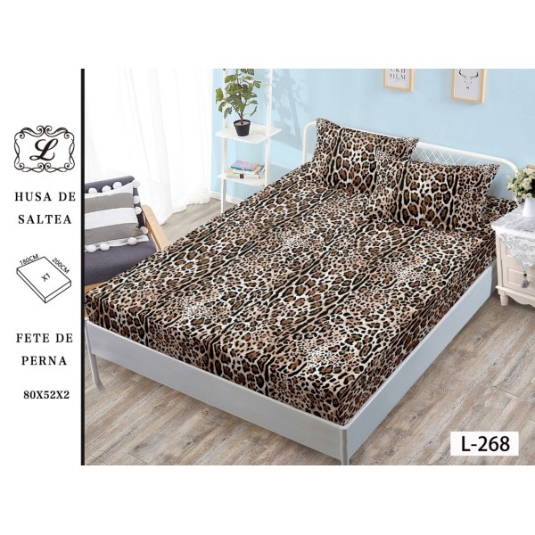 Cearșaf cu Elastic și 2 Fețe de Pernă – Model Animal Print Leopard, Maro-Negru, 180x200 cm, OHT-057 Cearșaf cu Elastic și 2 Fețe de Pernă – Model Animal Print Leopard, Maro-Negru, 180x200 cm, OHT-057