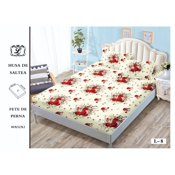 Cearșaf cu Elastic și 2 Fețe de Pernă – Model Floral cu Trandafiri Roșii, 180x200 cm, OHT-072 Cearșaf cu Elastic și 2 Fețe de Pernă – Model Floral cu Trandafiri Roșii, 180x200 cm, OHT-072