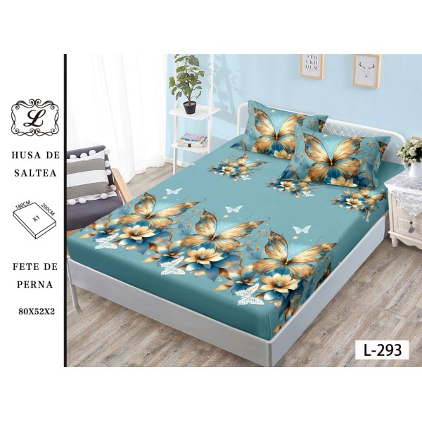 Cearșaf cu Elastic și 2 Fețe de Pernă – Model Fluturi Aurii și Flori Albastre, 180x200 cm, OHT-044 Cearșaf cu Elastic și 2 Fețe de Pernă – Model Fluturi Aurii și Flori Albastre, 180x200 cm, OHT-044