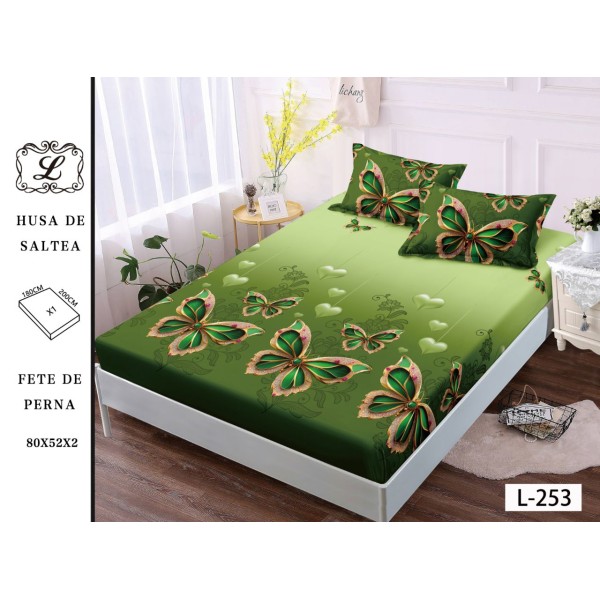 Cearșaf cu Elastic și 2 Fețe de Pernă – Model Fluturi Verzi, 180x200 cm, OHT-080