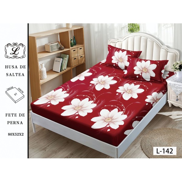 Cearșaf cu Elastic și 2 Fețe de Pernă – Model Floral Roșu cu Flori Albe, 180x200 cm, OHT-051 Cearșaf cu Elastic și 2 Fețe de Pernă – Model Floral Roșu cu Flori Albe, 180x200 cm, OHT-051