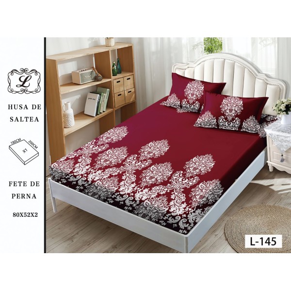 Cearșaf cu Elastic și 2 Fețe de Pernă – Model Bordo cu Ornamente Albe, 180x200 cm, OHT-002
