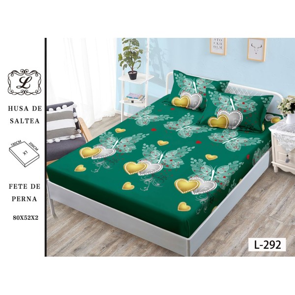 Cearșaf cu Elastic și 2 Fețe de Pernă – Verde cu Inimi Aurii și Argintii, 180x200 cm, OHT-007