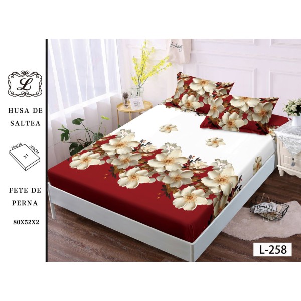 Cearșaf cu Elastic și 2 Fețe de Pernă – Alb și Bordo cu Flori Crem, 180x200 cm, OHT-013