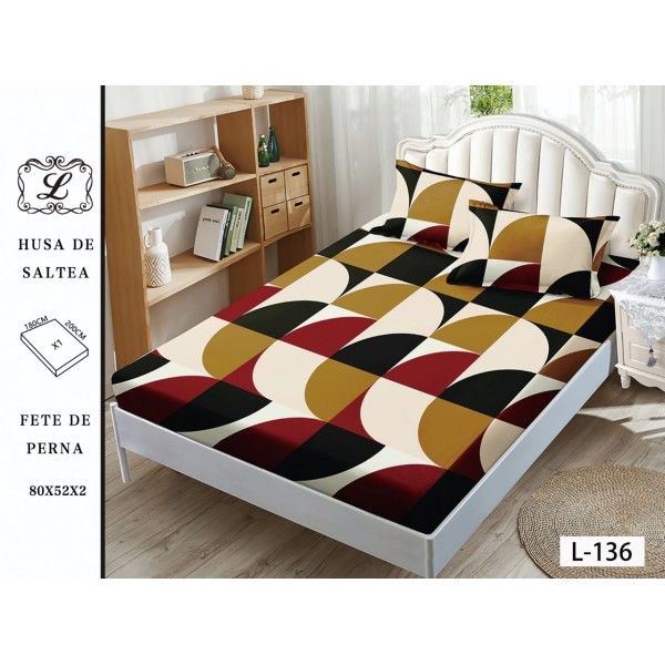 Cearșaf cu Elastic și 2 Fețe de Pernă – Model Geometric Bordo, Negru, Muștar și Crem, 180x200 cm, OHT-014