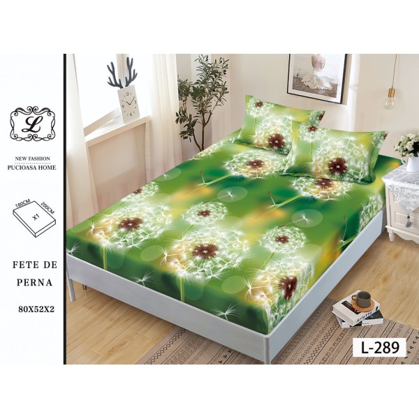 Cearșaf cu Elastic și 2 Fețe de Pernă – Model Păpădii Verde, 180x200 cm, OHT-016