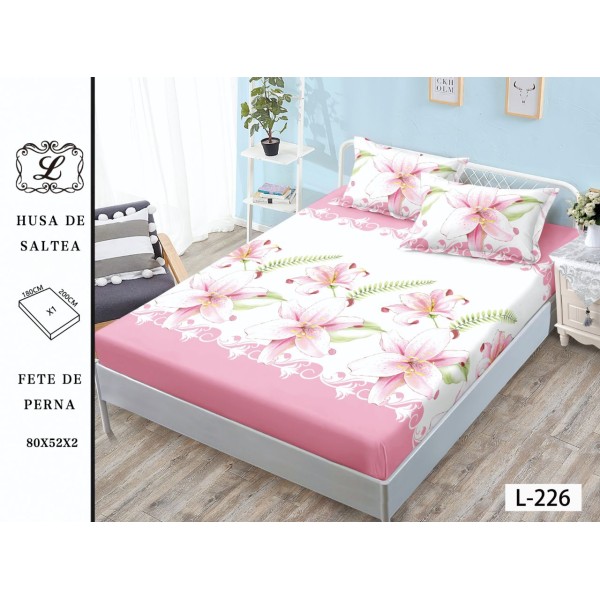 Cearșaf cu Elastic și 2 Fețe de Pernă – Model Flori Roz, 180x200 cm, OHT-017