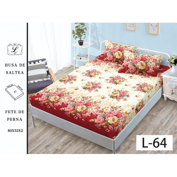 Cearșaf cu Elastic și 2 Fețe de Pernă – Model Floral Roșu și Crem, 180x200 cm, OHT-020