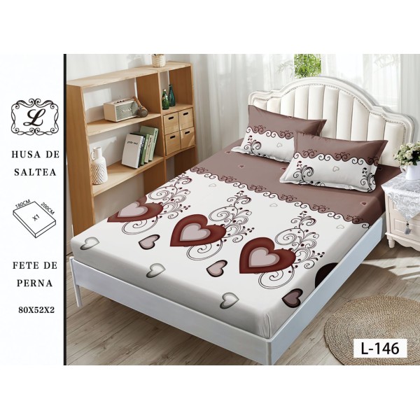 Cearșaf cu Elastic și 2 Fețe de Pernă – Model Inimi Maro și Crem, 180x200 cm, OHT-021
