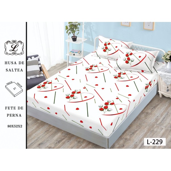Cearșaf cu Elastic și 2 Fețe de Pernă – Model Inimi și Trandafiri Roșii, 180x200 cm, OHT-022