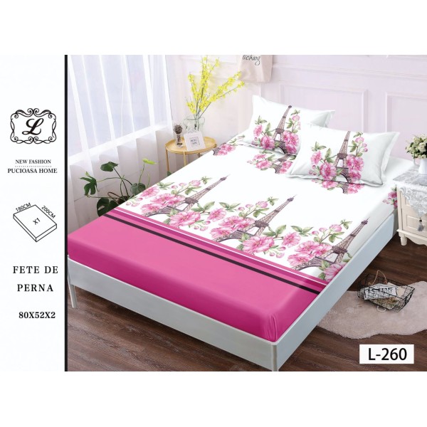 Cearșaf cu Elastic și 2 Fețe de Pernă – Model Turn Eiffel și Flori Roz, 180x200 cm, OHT-023