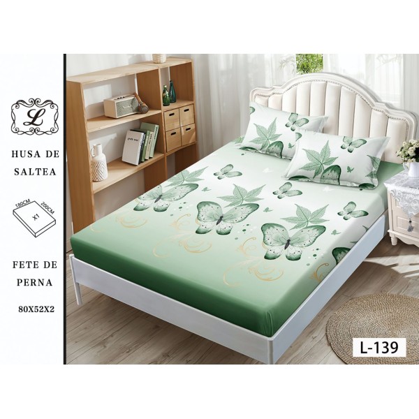 Cearșaf cu Elastic și 2 Fețe de Pernă – Model Fluturi și Frunze Verde, 180x200 cm, OHT-030