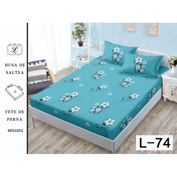 Cearșaf cu Elastic și 2 Fețe de Pernă – Model Floral Albastru Turcoaz, 180x200 cm, OHT-031