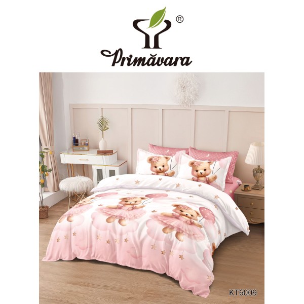 Set Lenjerie Pat Dublu 6 Piese cu Cearșaf cu Elastic – Bumbac Finet, Model Ursuleț Balerină, Roz, LDE-216