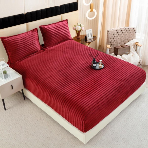 Cearșaf cu Elastic 180x200 din Blăniță de Iepure + 2 Fețe de Pernă – Bordo, Model în Dungi, HP-008