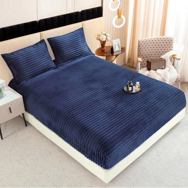 Cearșaf cu Elastic 180x200 din Blăniță de Iepure + 2 Fețe de Pernă – Albastru, Model în Dungi, HP-004