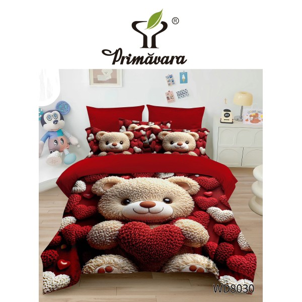 Lenjerie Pat 4 Piese 5D cu Cearșaf Elastic – Model Ursuleț cu Inimioare Roșii, LFL-064
