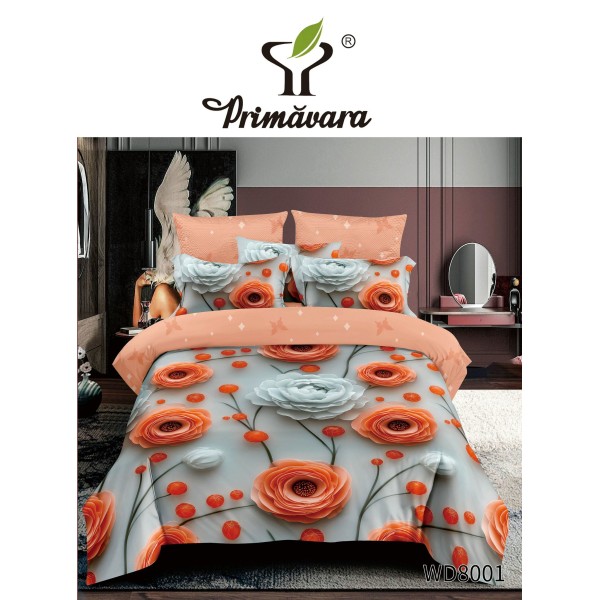 Lenjerie Pat 4 Piese 5D cu Cearșaf Elastic – Model Flori Portocalii și Albe, LFL-070
