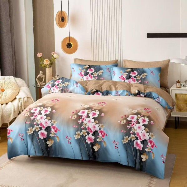Set Lenjerie de Pat Bumbac Satinat 4 Piese – Pat Dublu, Model Floral cu Flori Roz și Crem pe Fundal Albastru, LDBS-058