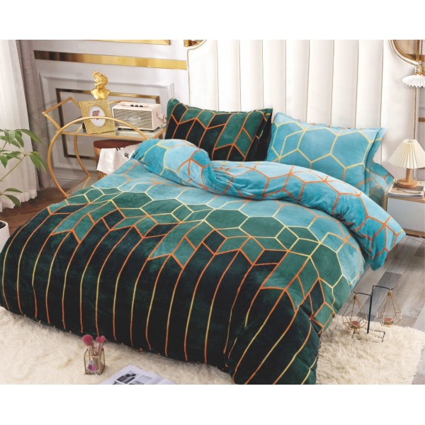 Lenjerie pat cocolino 4 piese – pat dublu, imprimeu geometric turcoaz și negru cu accente aurii, LDC-087